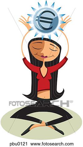 Clip Art - A woman holding up a shiny euro. Fotosearch