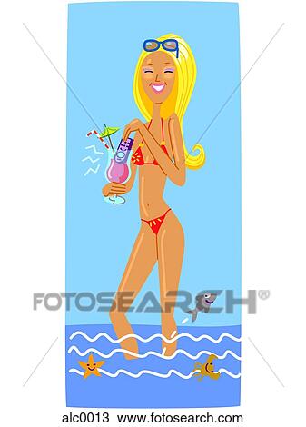 Drawing - A woman in bikini holding a drink. Fotosearch