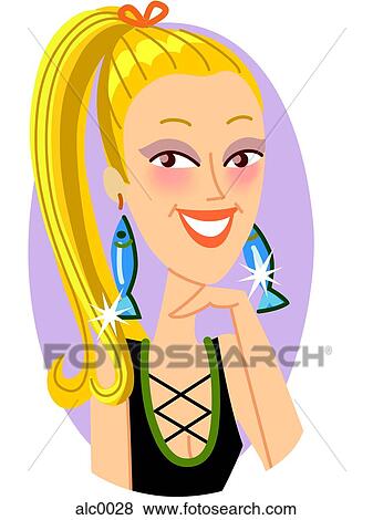 A woman in pigtails showing her sparkling earrings View Large Illustration Stock Illustration - A woman in pigtails showing her sparkling earrings. Fotosearch