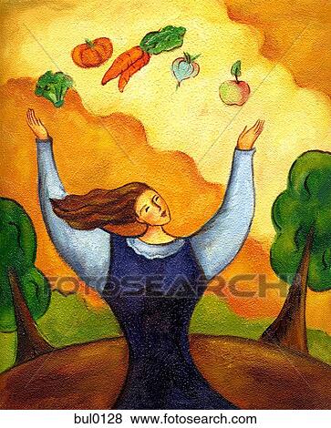 Stock Illustration - A woman juggling broccoli, tomato, carrot, turnip, and an apple. Fotosearch