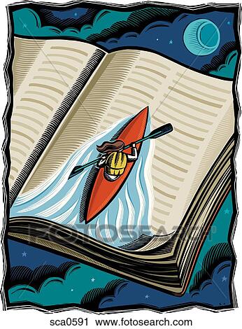 Clip Art - A woman kayaking through a book. Fotosearch