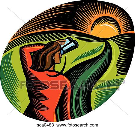 Drawing - a woman looking at the sun through binoculars. Fotosearch