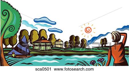 A woman looking out into the distance across a lake View Large Illustration Clip Art - A woman looking out into the distance across a lake. Fotosearch