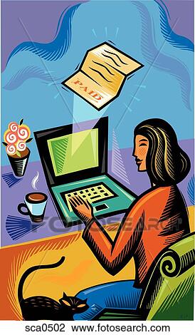 Drawing - A woman paying bills online. Fotosearch