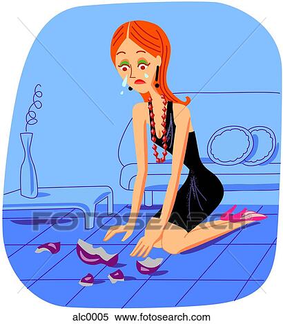 Stock Illustration - A woman picking up pieces of broken vase. Fotosearch