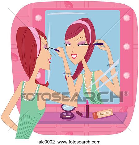 Drawing - A woman putting on mascara. Fotosearch