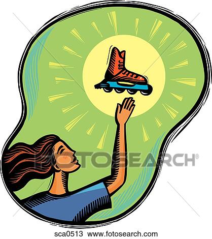 Drawing - A woman reaching for her rollerblades. Fotosearch