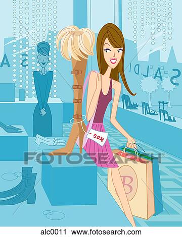 A woman shopping at the shoe shop View Large Illustration Clip Art - A woman shopping at the shoe shop. Fotosearch