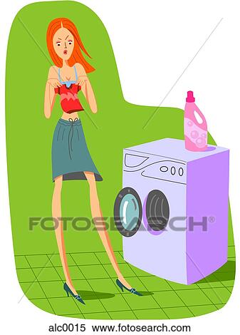 Stock Illustration - A woman standing next to a washing machine holding shrinking clothes. Fotosearch