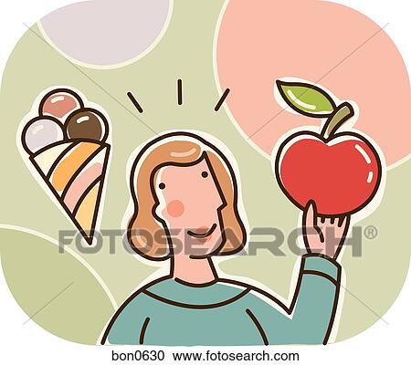 A woman standing next to ice cream while holding an apple View Large Illustration Clipart - A woman standing next to ice cream while holding an apple. Fotosearch