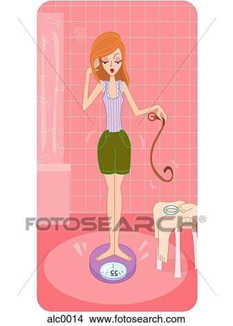 A woman standing on a weight scale View Large Illustration Stock Illustration - A woman standing on a weight scale. Fotosearch