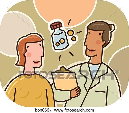 Stock Illustration - A woman talking to her physician about prescriptions. Fotosearch