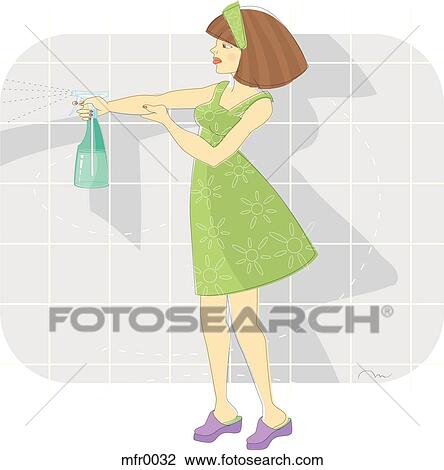 A woman using a spray bottle View Large Illustration Drawing - A woman using a spray bottle. Fotosearch