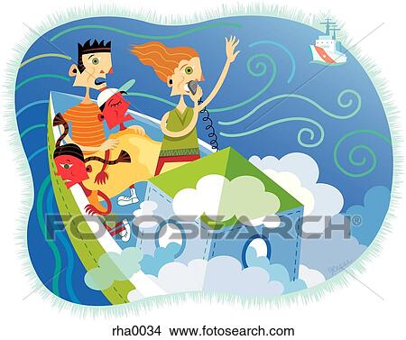 Stock Illustration - A woman using her cb radio on her boat to call for help for her two sick children. Fotosearch