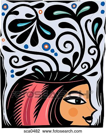 Drawing - a woman with flowers coming out of her head. Fotosearch