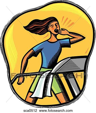 Drawing - A woman yawning while on the treadmill. Fotosearch