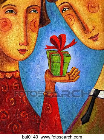 An illustration of a woman giving a small gift to a man View Large Illustration Clipart - An illustration of a woman giving a small gift to a man. Fotosearch