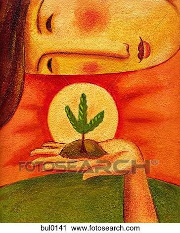 An illustration of a woman holding a tiny seedling View Large Illustration Clip Art - An illustration of a woman holding a tiny seedling. Fotosearch
