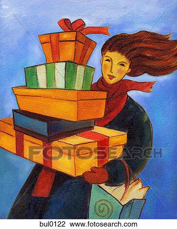 Drawing - An illustration of a woman holding a large stack of presents. Fotosearch