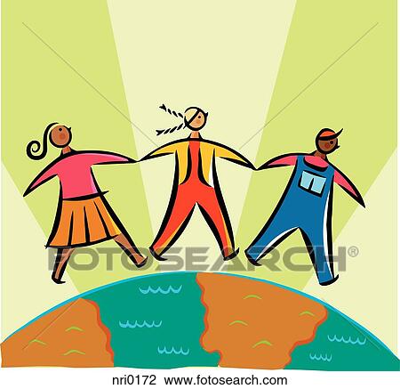 Drawing - An illustration of three children holding hands across the globe. Fotosearch