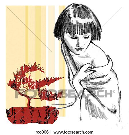 Clip Art - Bonsai tree and japanese woman. Fotosearch