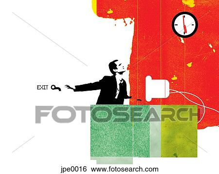 Stock Illustration - Businessman looking at a clock while he anticipates the end of the work day. Fotosearch