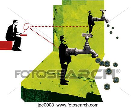 Businessman networked to men pouring money out of faucets View Large Illustration Stock Illustration - Businessman networked to men pouring money out of faucets. Fotosearch