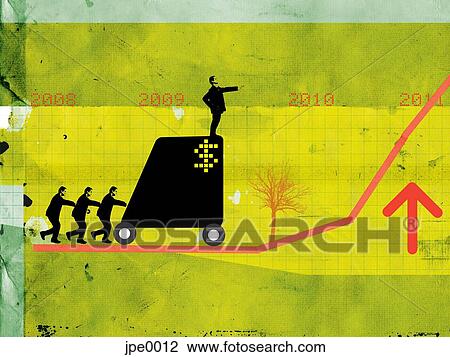 Drawing - Businessmen pushing a man on a cart up a growth chart. Fotosearch