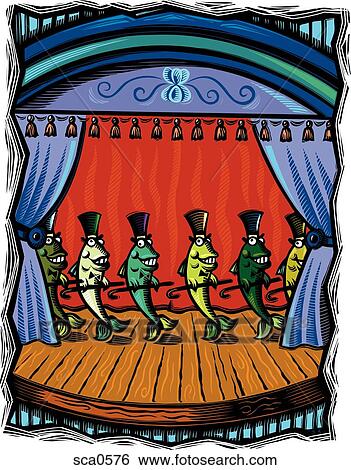Dancing fish on stage holding canes and wearing top hats View Large Illustration Stock Illustration - Dancing fish on stage holding canes and wearing top hats. Fotosearch