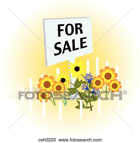 Clipart - For sale sign near flowers. Fotosearch