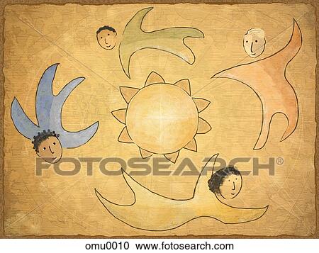 Four people flying around the sun View Large Illustration Clipart - Four people flying around the sun. Fotosearch