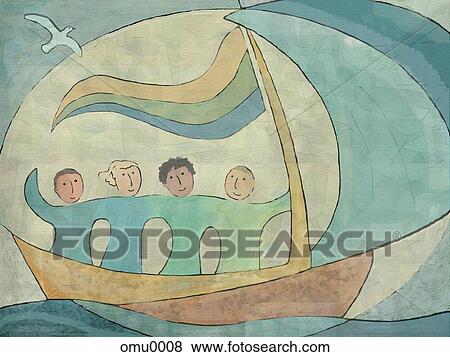 Four people sailing on a ship View Large Illustration Stock Illustration - Four people sailing on a ship. Fotosearch