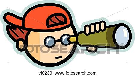 Stock Illustration - Illustration of a boy wearing a baseball cap and looking through a telescope. Fotosearch