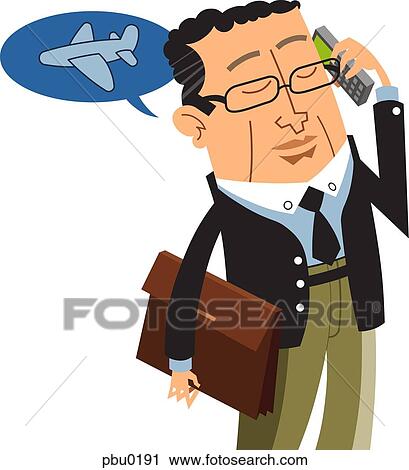 Clip Art - Illustration of a businessman making airline reservations on his cellular phone. Fotosearch