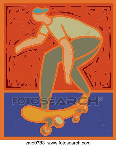 Drawing - Illustration of a teenager skateboarding. Fotosearch