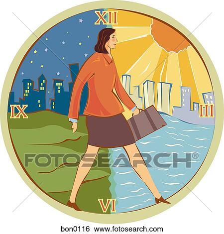 Illustration of a woman walking from night to day View Large Illustration Stock Illustration - Illustration of a woman walking from night to day. Fotosearch