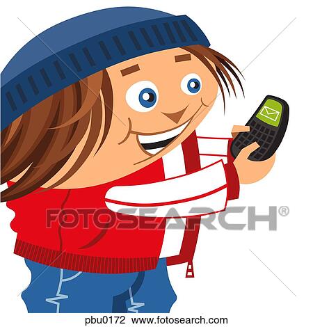 Drawing - Illustration of a young boy text messaging using his cellular phone. Fotosearch