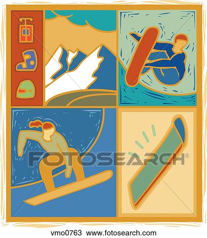Drawing - Illustration of people snowboarding. Fotosearch