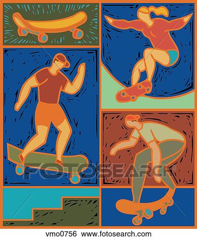 Illustration of three skateboarders View Large Illustration Stock Illustration - Illustration of three skateboarders. Fotosearch