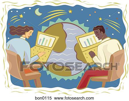 Stock Illustration - Illustration of two people communicating across the globe via email. Fotosearch