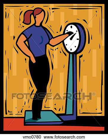 Clipart - illustration of woman weighing herself. Fotosearch