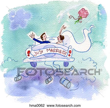 Just married couple driving off in their car View Large Illustration Drawing - Just married couple driving off in their car. Fotosearch