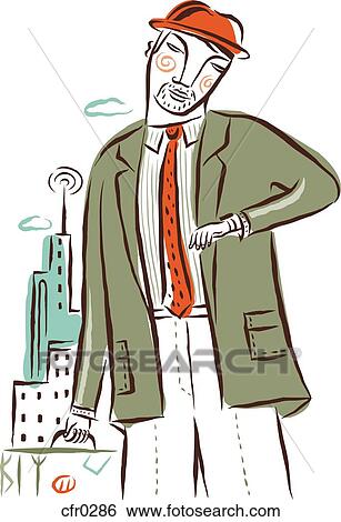 Stock Illustration - Man in a green suit looking at his watch and holding a briefcase. Fotosearch