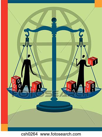 Stock Illustration - Men standing inside a weigh scale. Fotosearch
