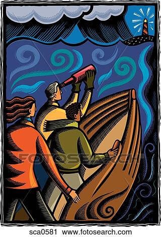 People on a boat made of two hands in the middle of a storm, with a lighthouse in the distance View Large Illustration Clip Art - People on a boat made of two hands in the middle of a storm, with a lighthouse in the distance. Fotosearch
