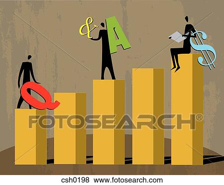 Stock Illustration - People standing on bar graphs while holding signs. Fotosearch