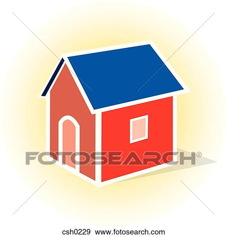 Stock Illustration - Red house with blue roof. Fotosearch