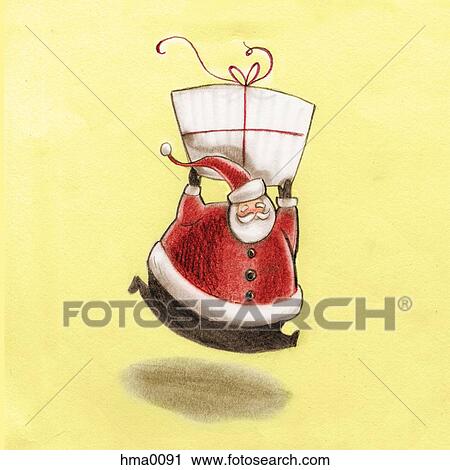 Santa claus holding a giant present above his head View Large Illustration Clip Art - Santa claus holding a giant present above his head. Fotosearch