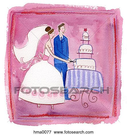 Stock Illustration - The bride and groom cutting their wedding cake. Fotosearch