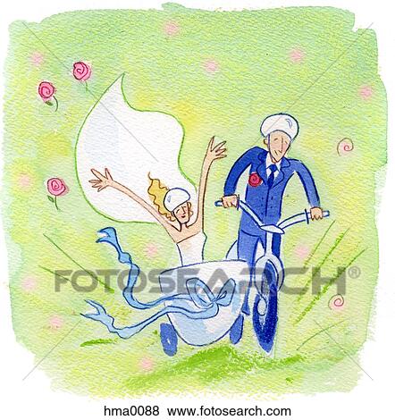 Stock Illustration - The bride and groom on a vespa. Fotosearch